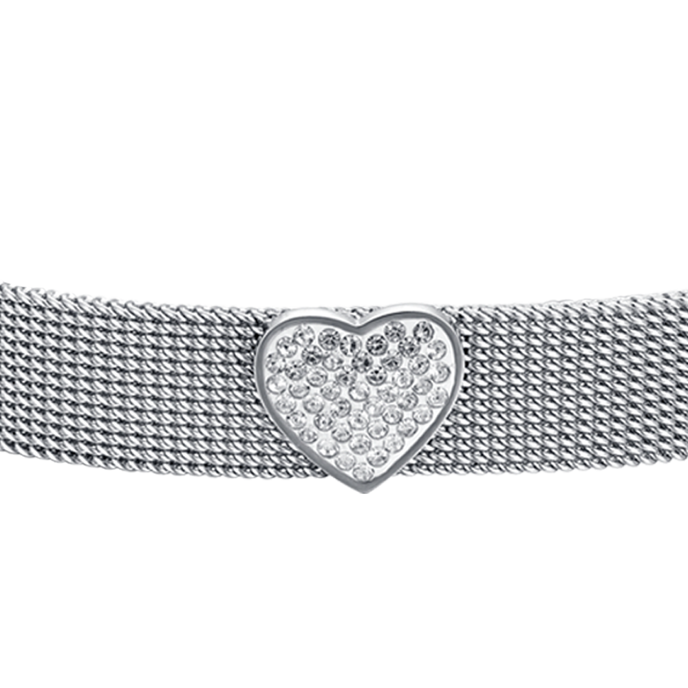 BRACCIALE DONNA IN ACCIAIO MAGLIA MILANO CON CUORE CON CRISTALLI BIANCHI