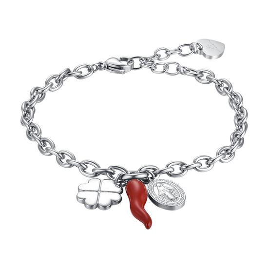 BRACCIALE DONNA IN ACCIAIO CON CHARM QUADRIFOGLIO, CORNO E MADONNA