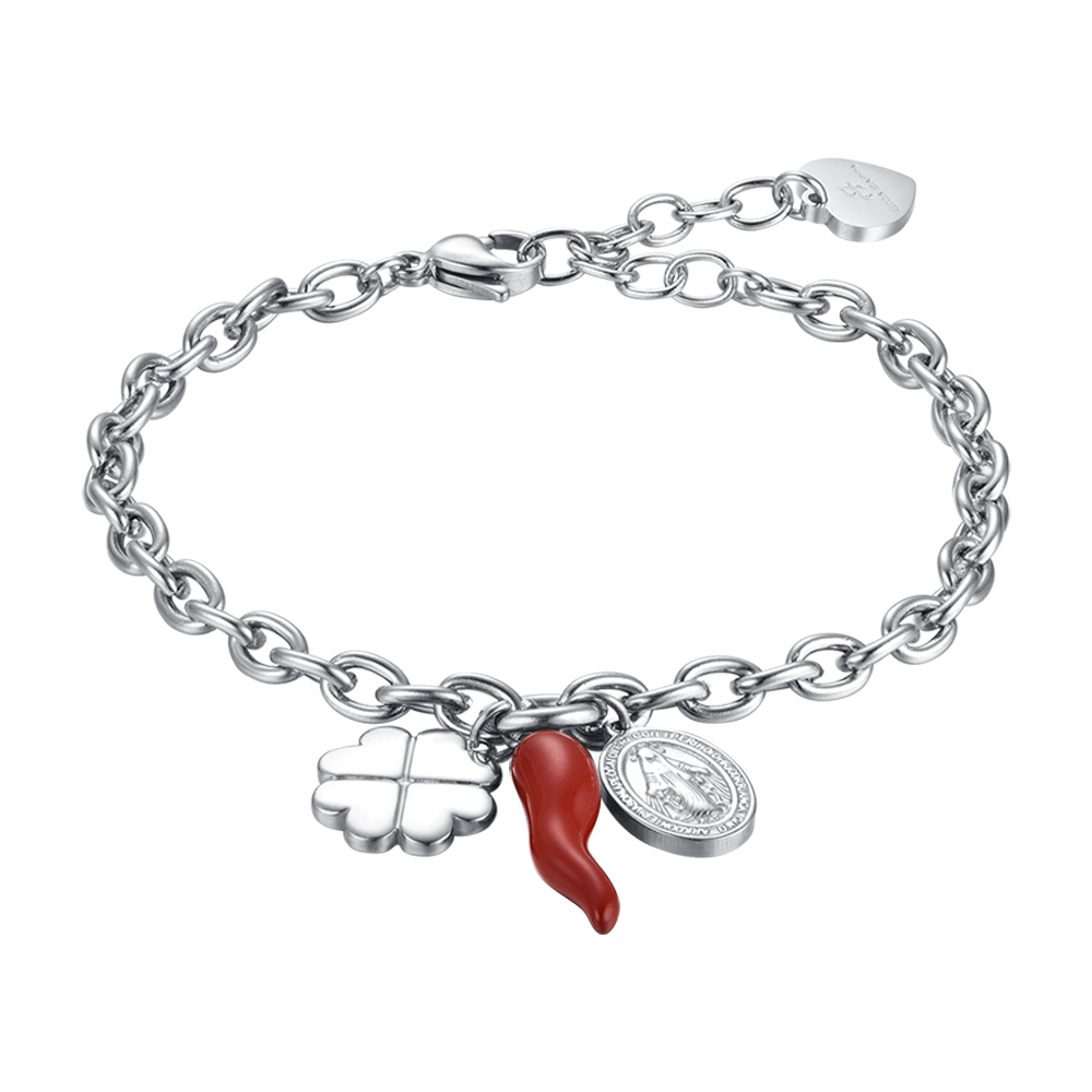 BRACCIALE DONNA IN ACCIAIO CON CHARM QUADRIFOGLIO, CORNO E MADONNA