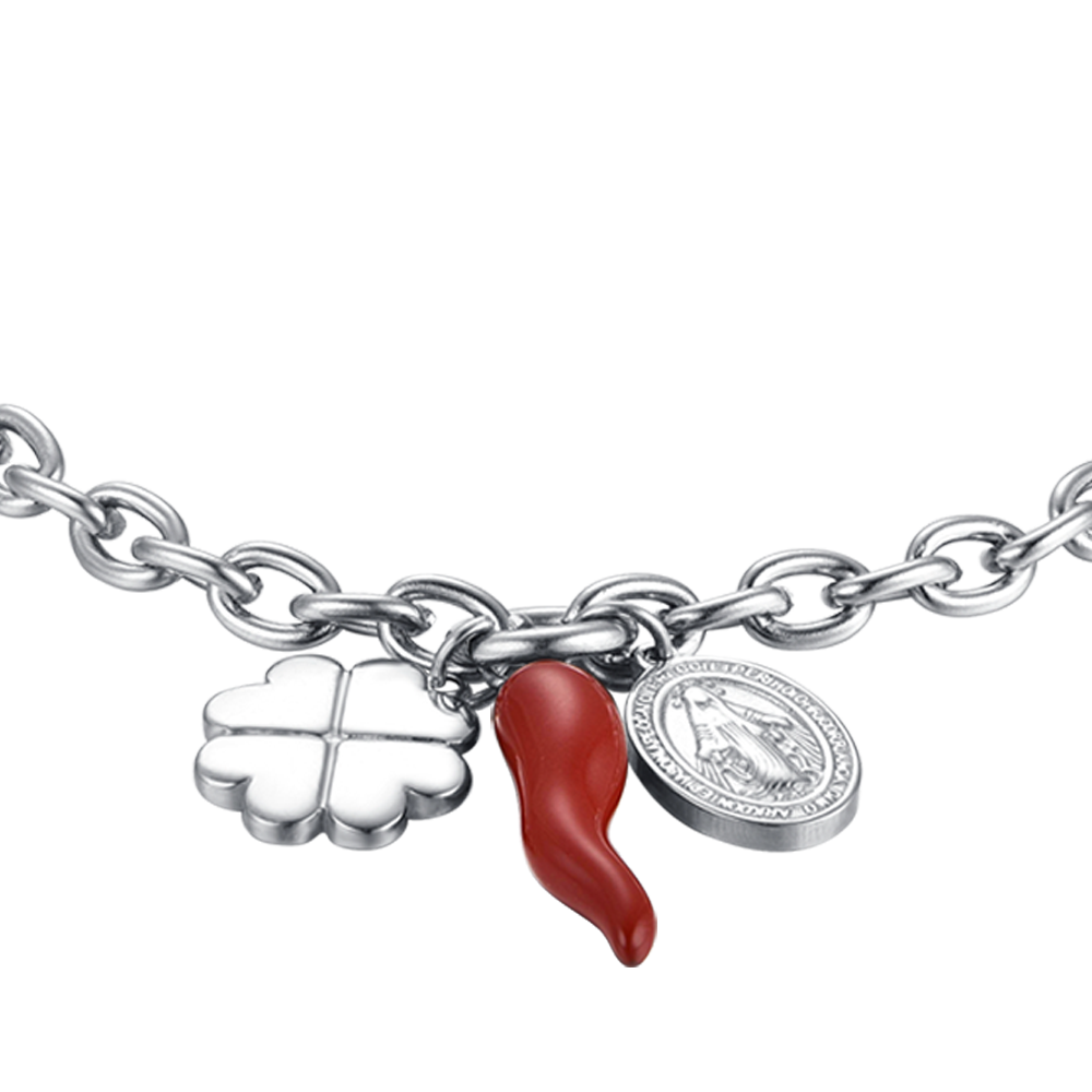 BRACCIALE DONNA IN ACCIAIO CON CHARM QUADRIFOGLIO, CORNO E MADONNA