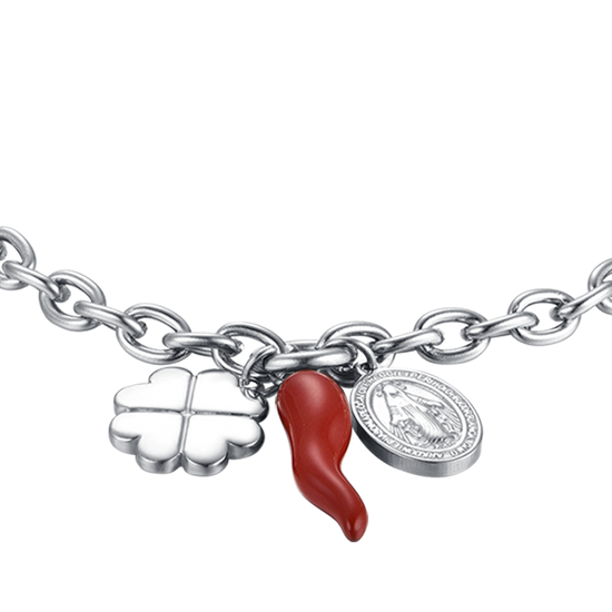 BRACCIALE DONNA IN ACCIAIO CON CHARM QUADRIFOGLIO, CORNO E MADONNA