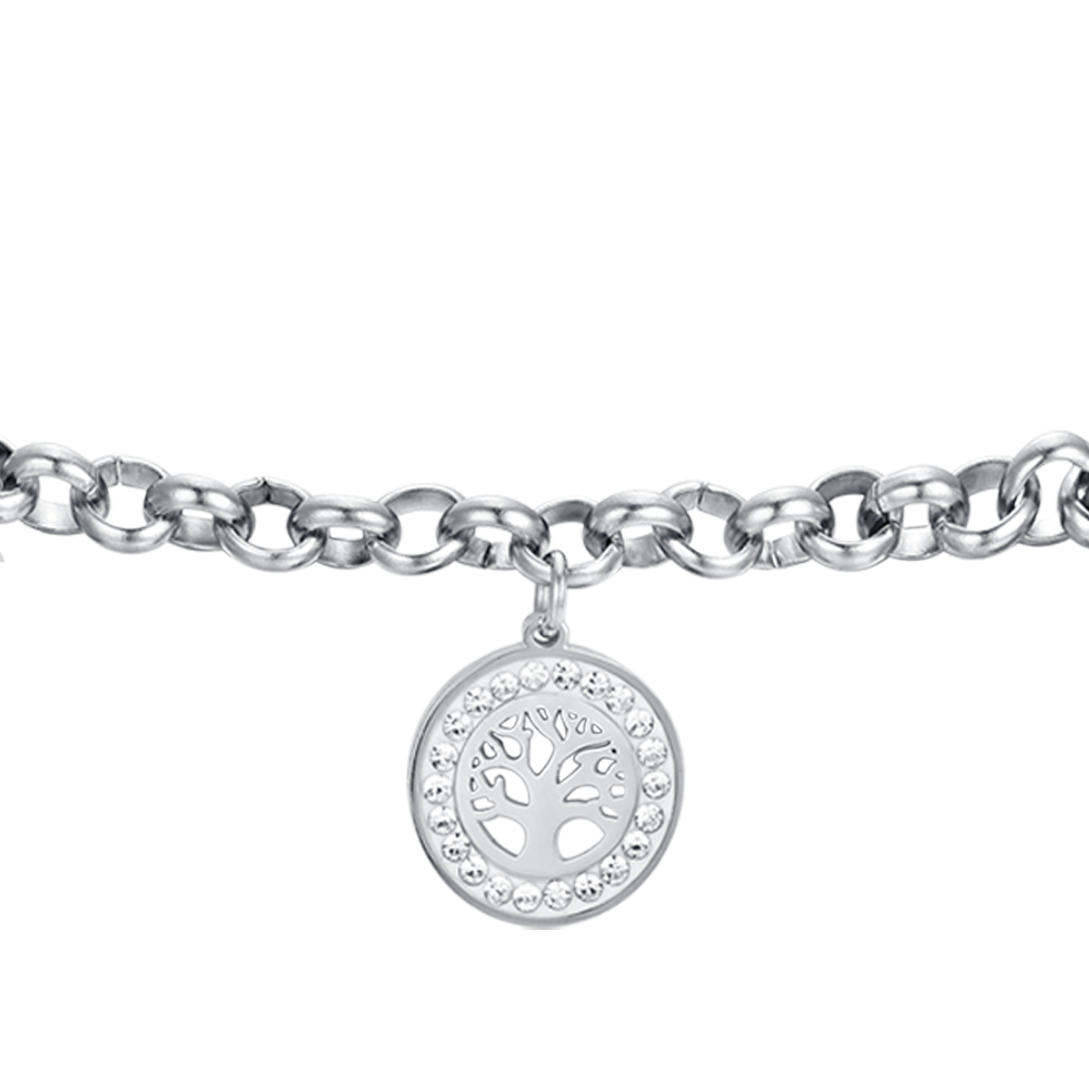 BRACCIALE DONNA IN ACCIAIO CON ALBERO DELLA VITA E CRISTALLI BIANCHI