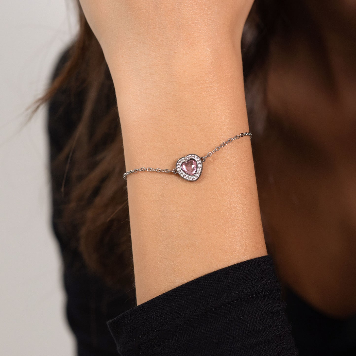 BRACCIALE DONNA IN ACCIAIO CUORE CRISTALLO ROSA E CRISTALLI BIANCHI