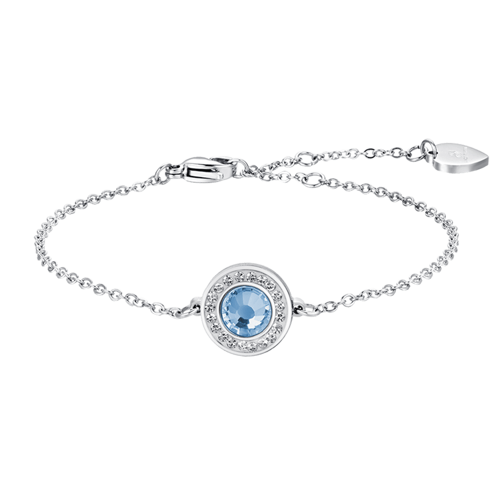 BRACCIALE DONNA IN ACCIAIO ELEMENTO CRISTALLO ACQUAMARINA E CRISTALLI BIANCHI