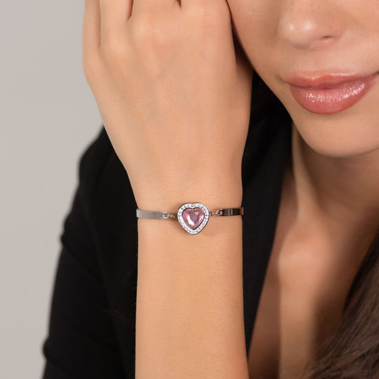 BRACCIALE DONNA IN ACCIAIO CUORE CRISTALLO ROSA E CRISTALLI BIANCHI