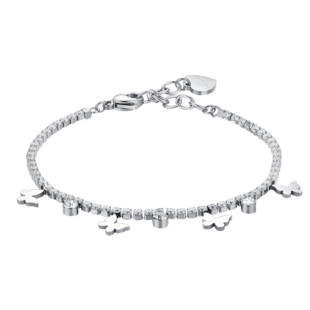 BRACCIALE TENNIS DONNA IN ACCIAIO CON CRISTALLI BIANCHI E FARFALLE