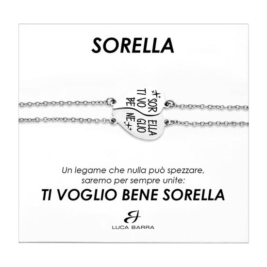 BRACCIALI DONNA IN ACCIAIO MEZZO CUORE SORELLA, TI VOGLIO BENE