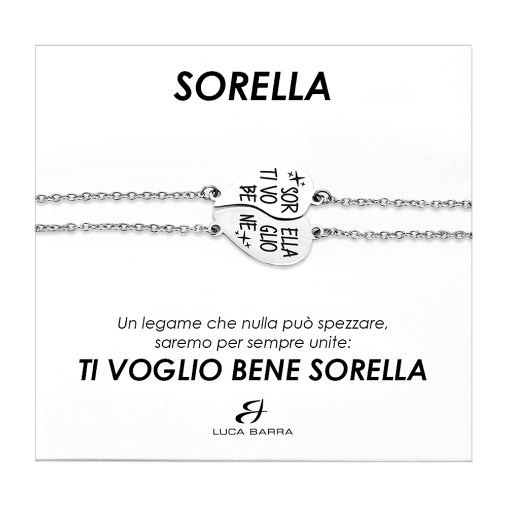 BRACCIALI DONNA IN ACCIAIO MEZZO CUORE SORELLA, TI VOGLIO BENE