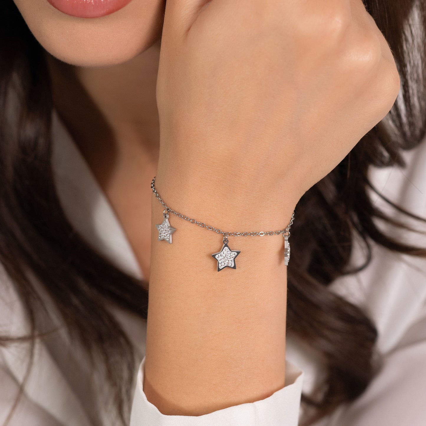 BRACCIALE DONNA IN ACCIAIO STELLE CON CRISTALLI BIANCHI