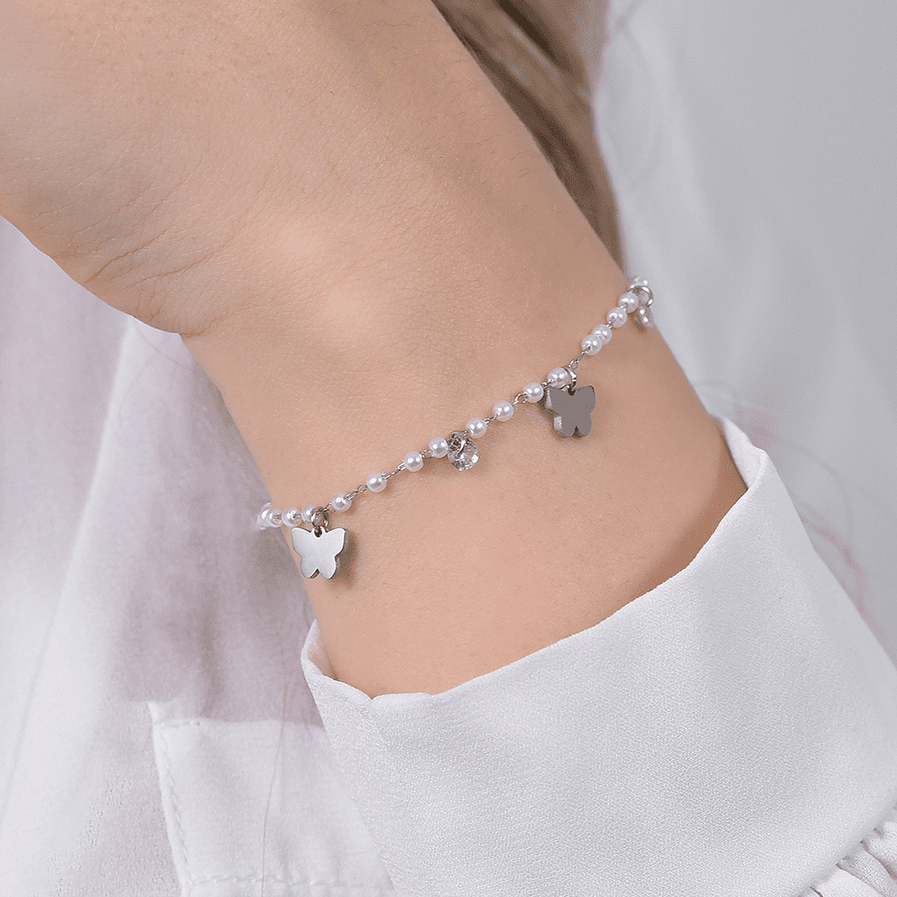 BRACCIALE DONNA IN ACCIAIO PERLE CON FARFALLE