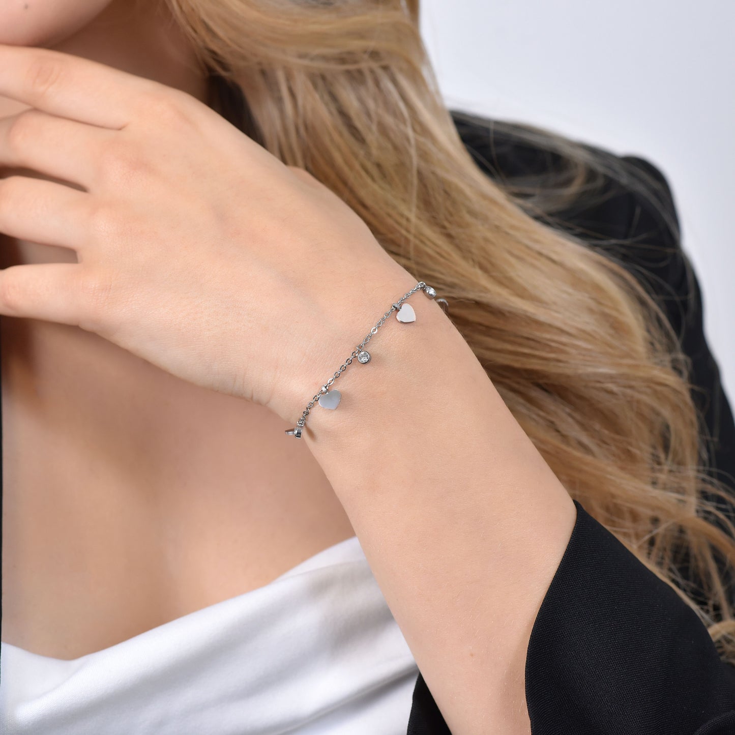 BRACCIALE DONNA IN ACCIAIO CUORI E CRISTALLI