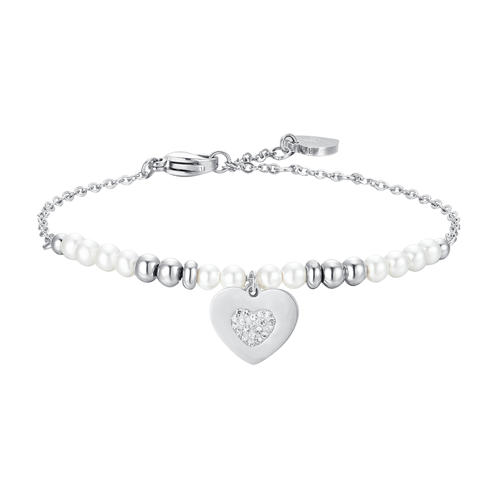 BRACCIALE DONNA IN ACCIAIO CON PERLE E CUORE