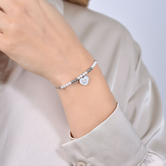 BRACCIALE DONNA IN ACCIAIO CON PERLE E CUORE