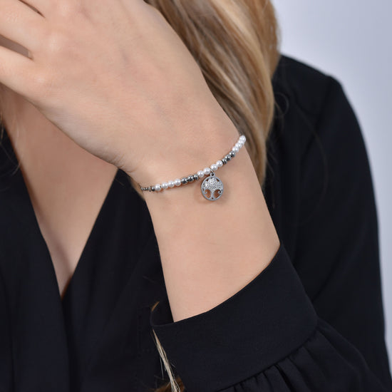 BRACCIALE DONNA IN ACCIAIO CON PERLE E ALBERO DELLA VITA