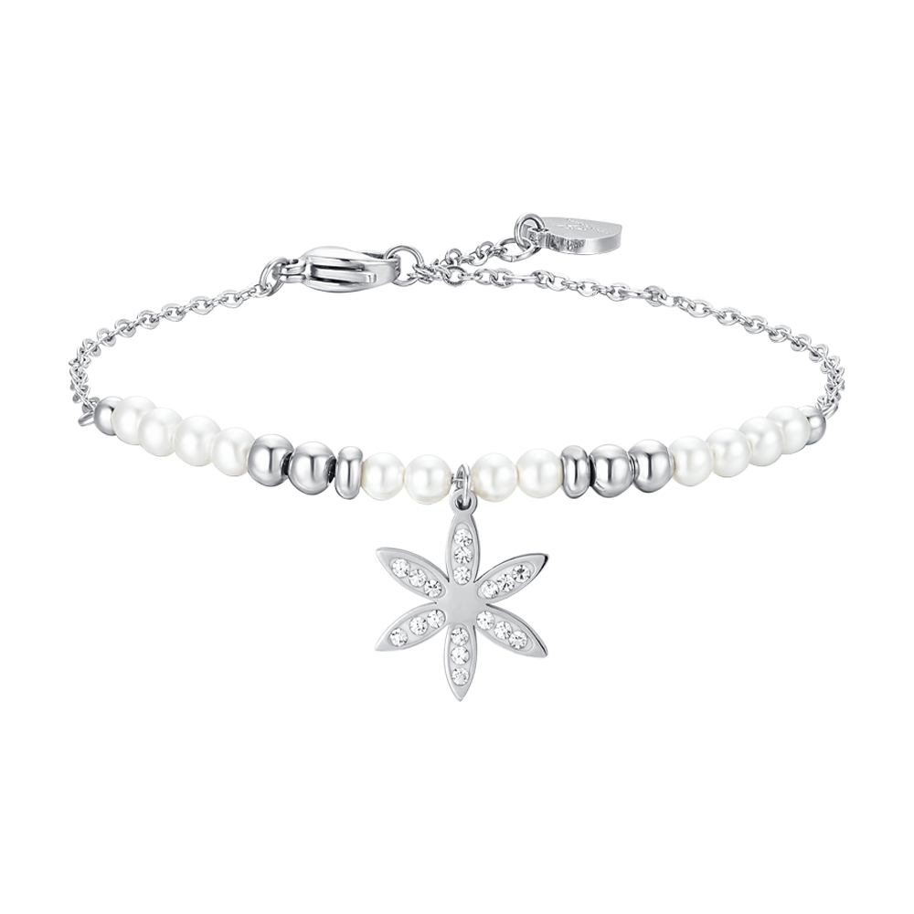 BRACCIALE DONNA IN ACCIAIO CON PERLE E FIORE DELLA VITA