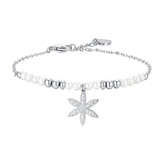 BRACCIALE DONNA IN ACCIAIO CON PERLE E FIORE DELLA VITA