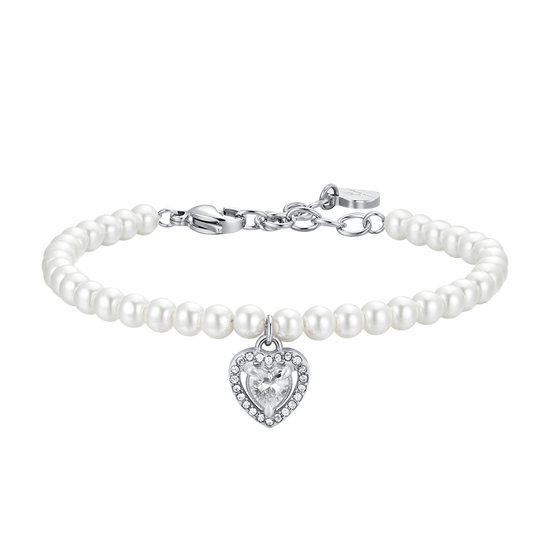 BRACCIALE DONNA IN ACCIAIO PERLE E CUORE ZIRCONE BIANCO