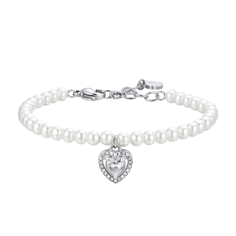 BRACCIALE DONNA IN ACCIAIO PERLE E CUORE ZIRCONE BIANCO