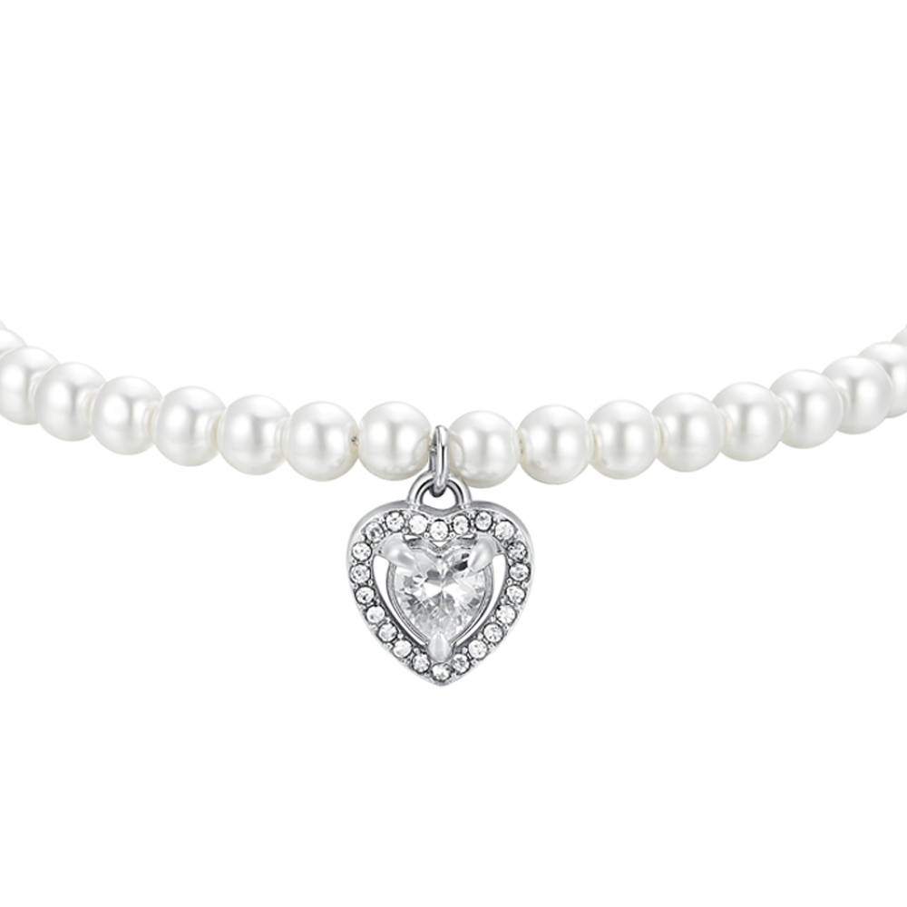 BRACCIALE DONNA IN ACCIAIO PERLE E CUORE ZIRCONE BIANCO