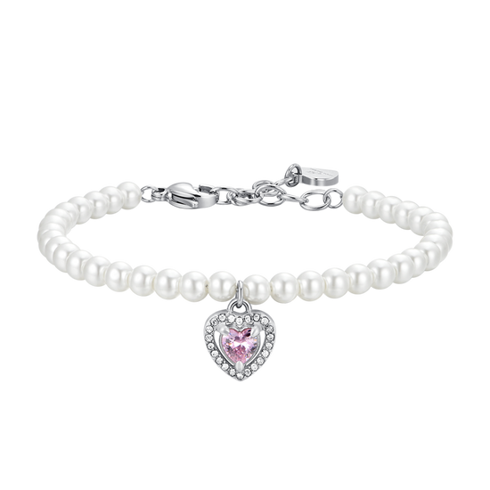 BRACCIALE DONNA IN ACCIAIO PERLE E CUORE ZIRCONE ROSA