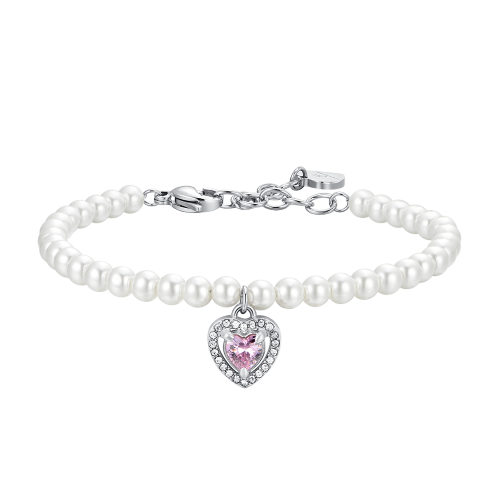 BRACCIALE DONNA IN ACCIAIO PERLE E CUORE ZIRCONE ROSA