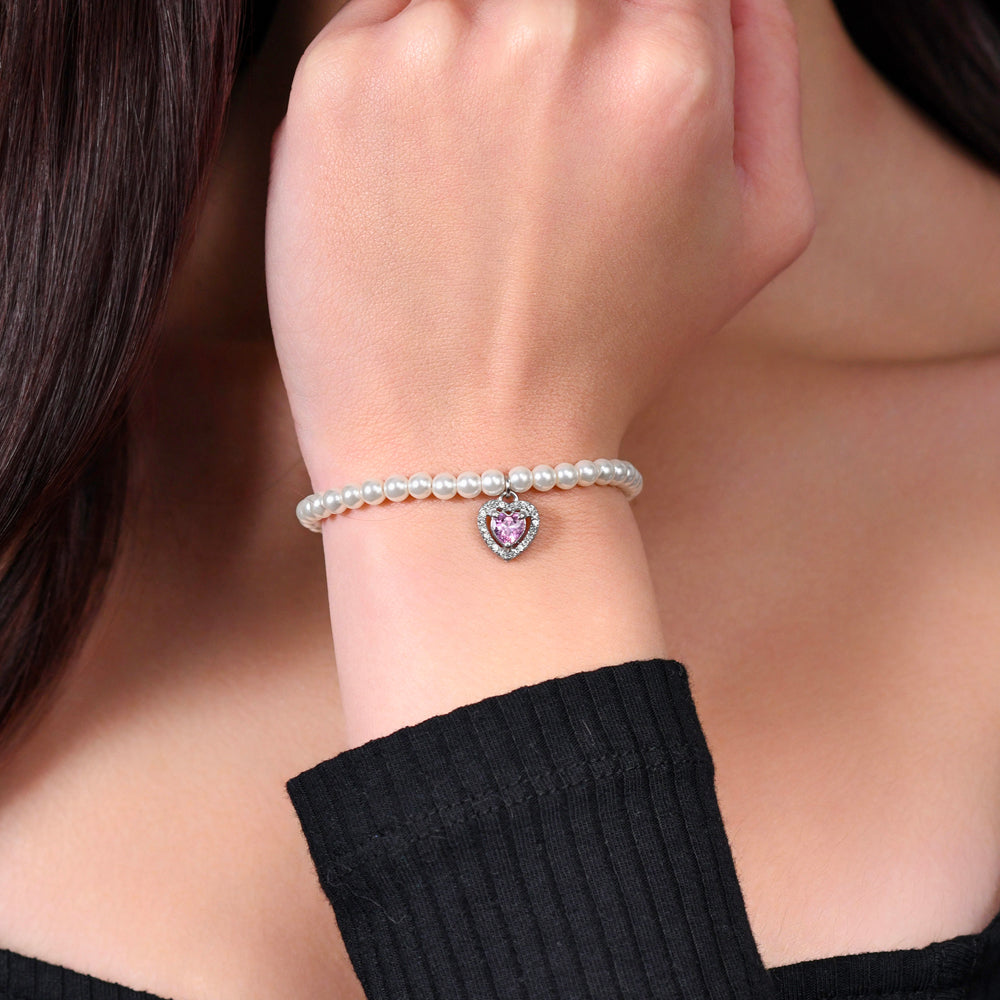 BRACCIALE DONNA IN ACCIAIO PERLE E CUORE ZIRCONE ROSA