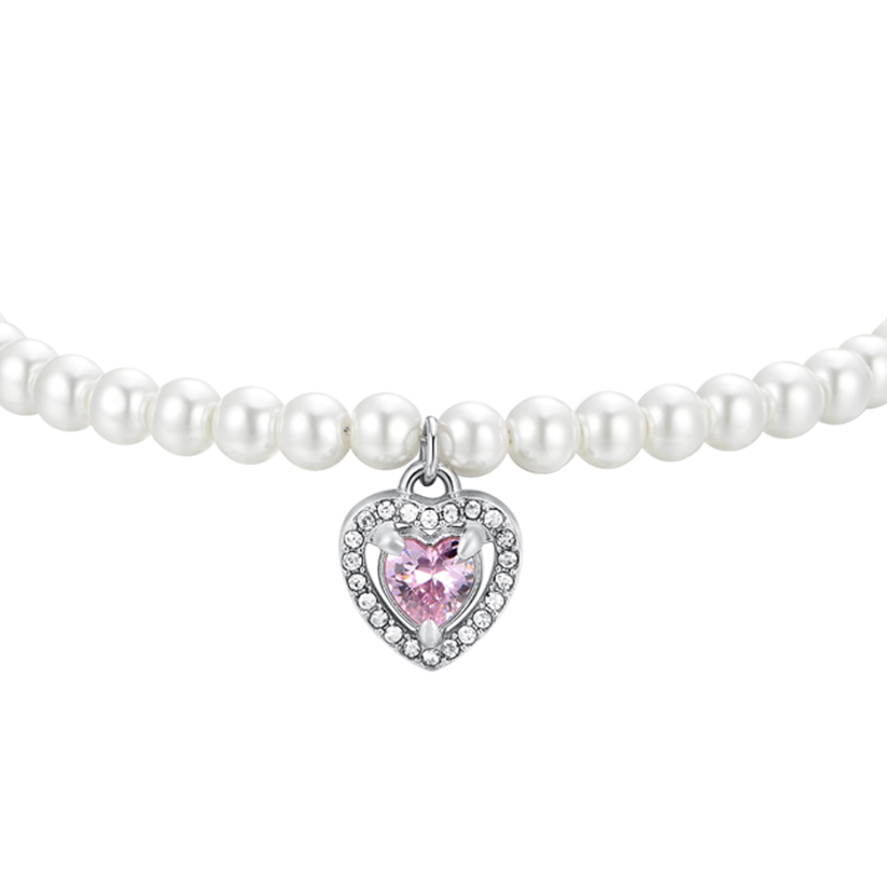 BRACCIALE DONNA IN ACCIAIO PERLE E CUORE ZIRCONE ROSA