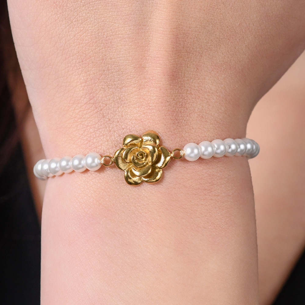 BRACCIALE DONNA IN ACCIAIO IP GOLD PERLE E ROSA