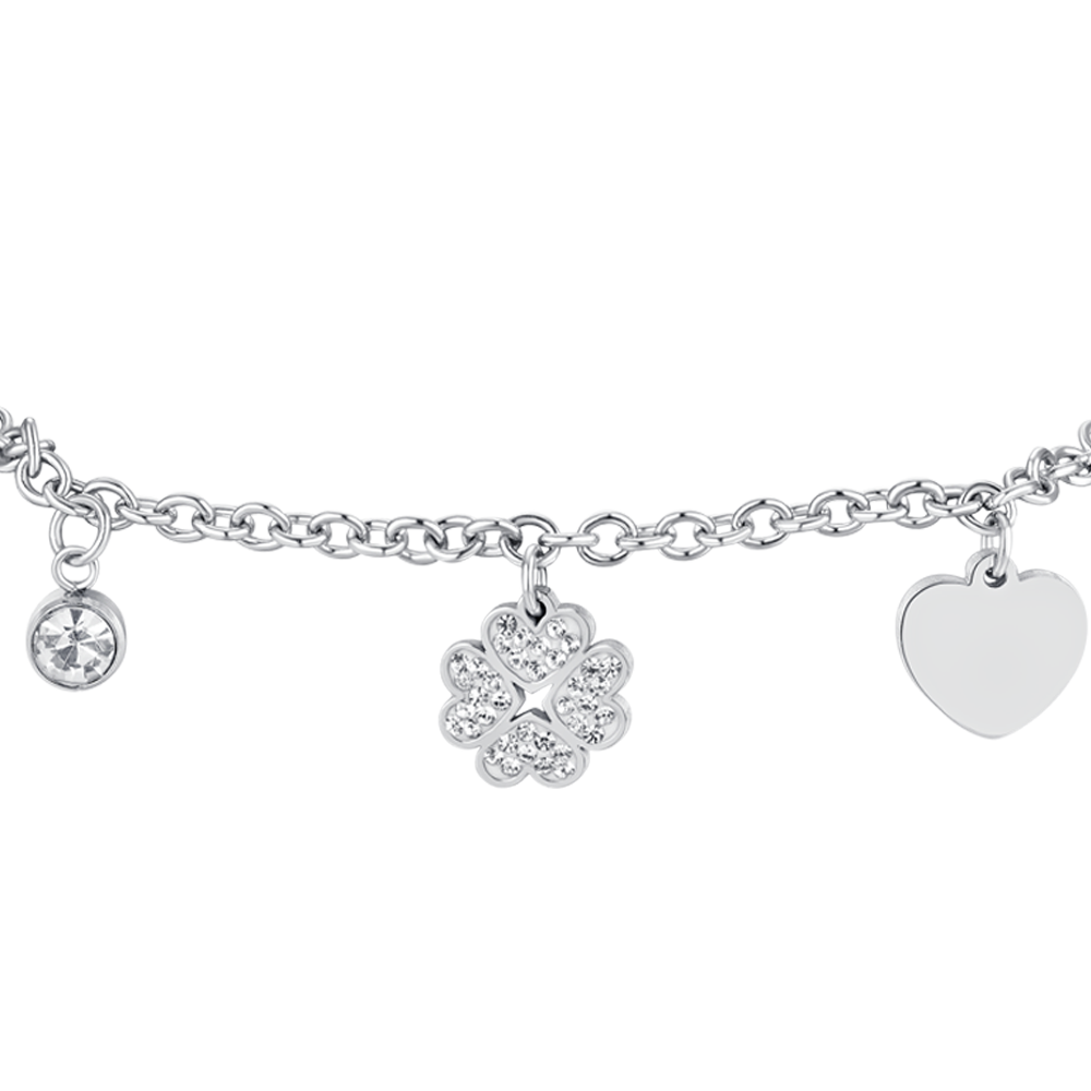 BRACCIALE DONNA IN ACCIAIO QUADRIFOGLIO E CUORE