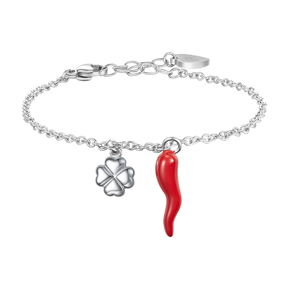 BRACCIALE IN ACCIAIO CON CORNO ROSSO E QUADRIFOGLIO