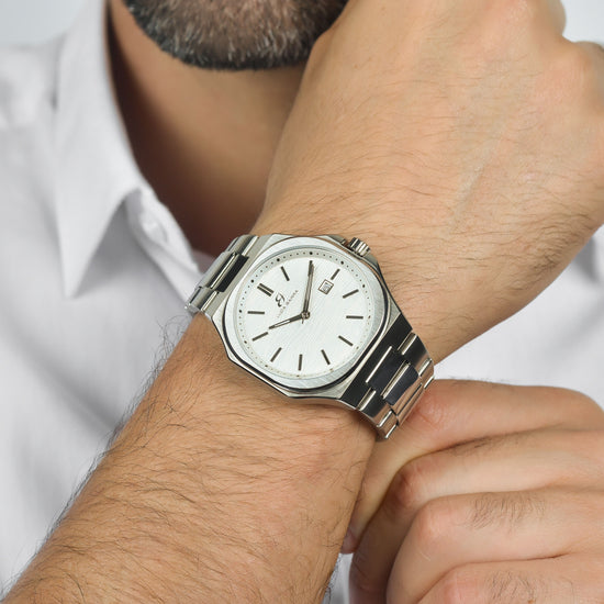 OROLOGIO UOMO IN ACCIAIO QUADRANTE BIANCO, DETTAGLI SILVER