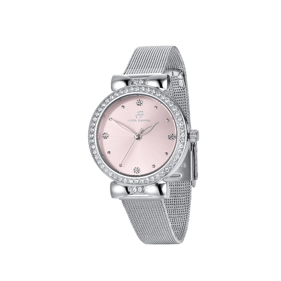 OROLOGIO DONNA CON CASSA IN ACCIAIO QUADRANTE ROSA GHIERA CON CRISTALLI BIANCHI