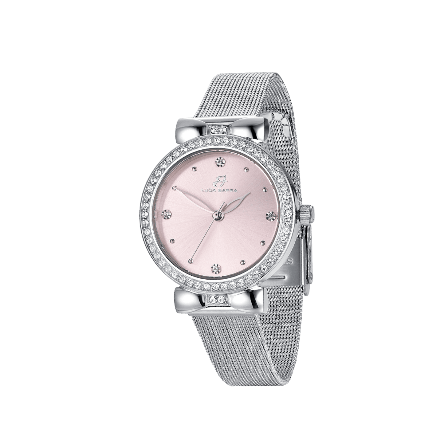 OROLOGIO DONNA CON CASSA IN ACCIAIO QUADRANTE ROSA GHIERA CON CRISTALLI BIANCHI