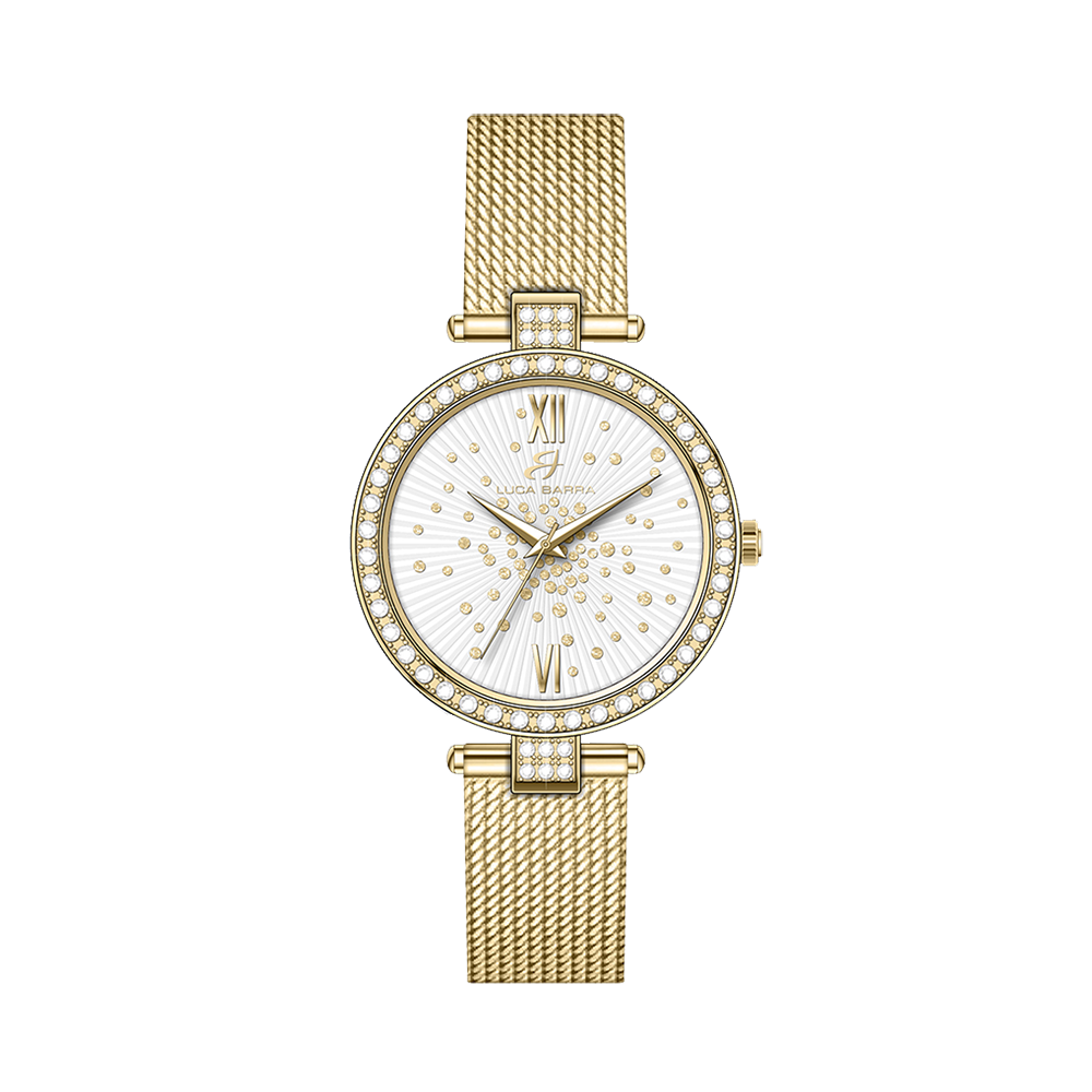 OROLOGIO DONNA IN ACCIAIO IP GOLD QUADRANTE BIANCO GHIERA CON CRISTALLI BIANCHI