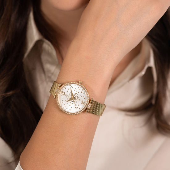 OROLOGIO DONNA IN ACCIAIO IP GOLD QUADRANTE BIANCO GHIERA CON CRISTALLI BIANCHI