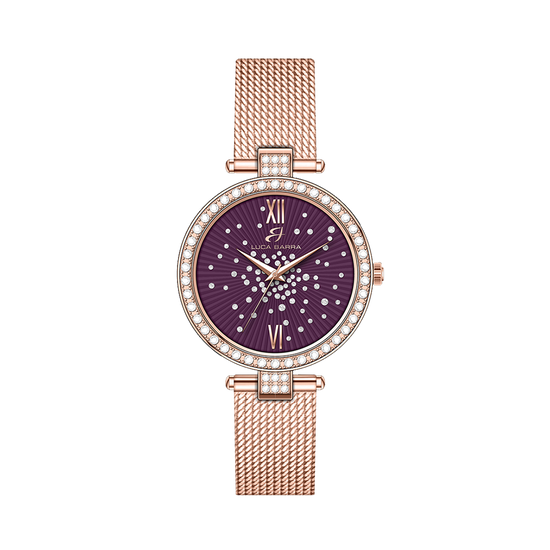 OROLOGIO DONNA IN ACCIAIO IP ROSE QUADRANTE VIOLA GHIERA CON CRISTALLI BIANCHI