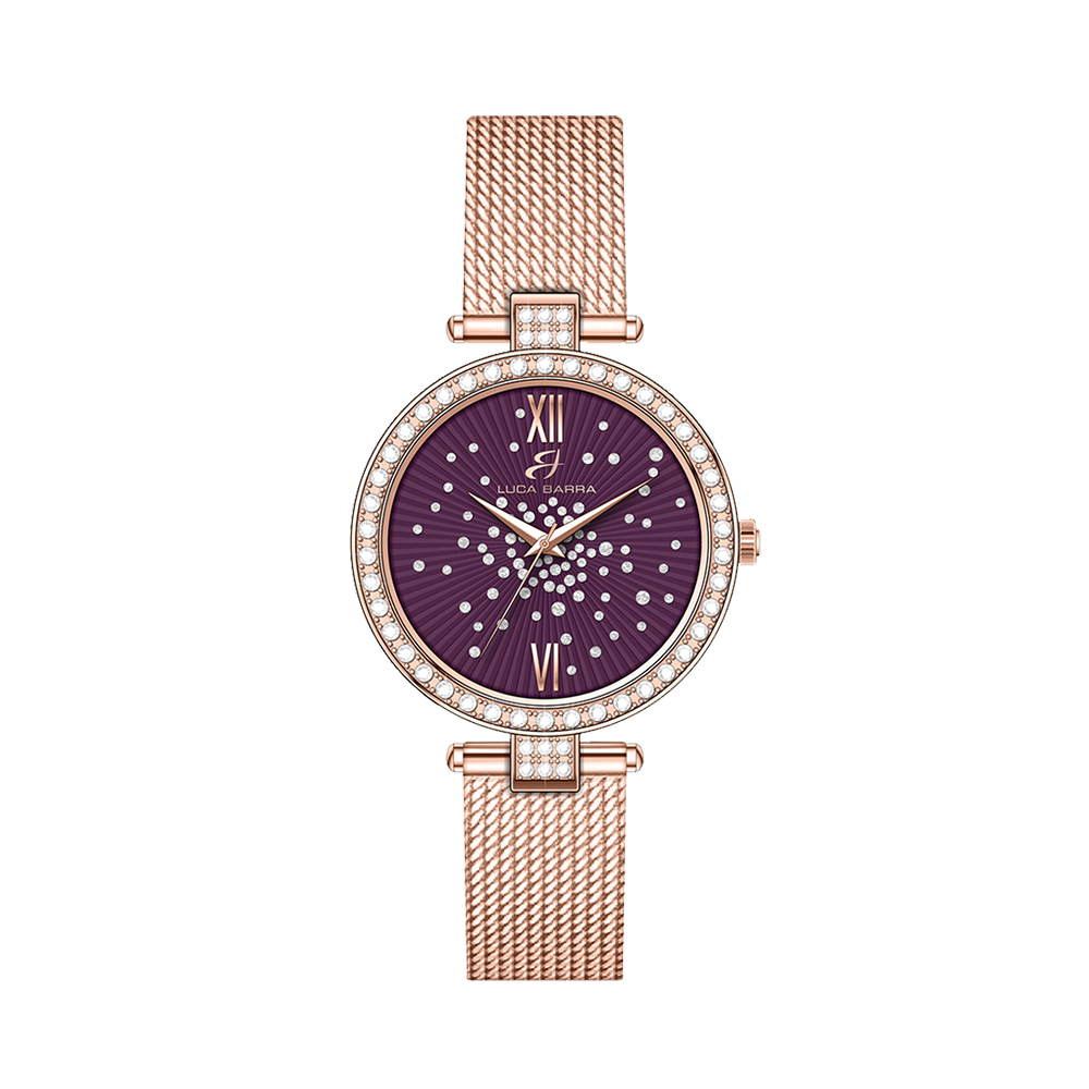 OROLOGIO DONNA IN ACCIAIO IP ROSE QUADRANTE VIOLA GHIERA CON CRISTALLI BIANCHI