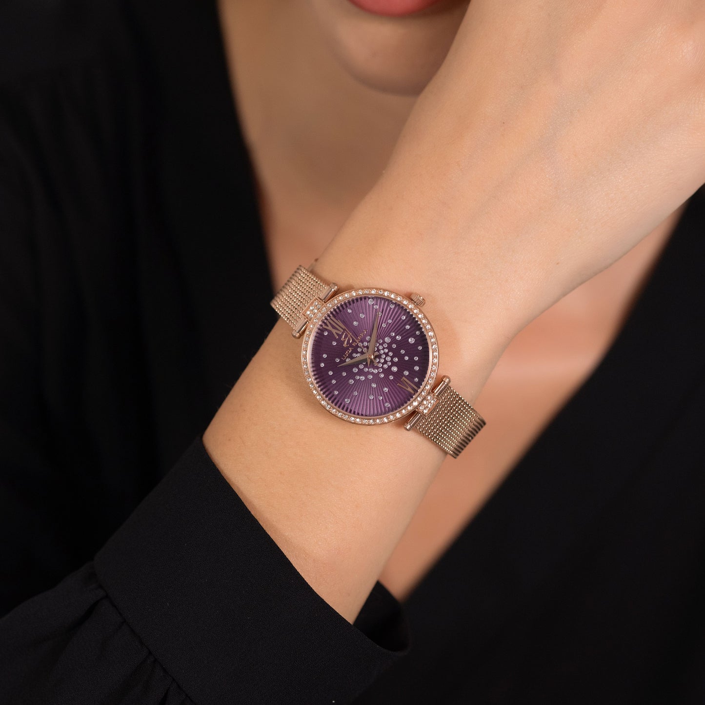 OROLOGIO DONNA IN ACCIAIO IP ROSE QUADRANTE VIOLA GHIERA CON CRISTALLI BIANCHI