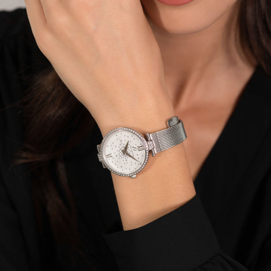 OROLOGIO DONNA IN ACCIAIO CON QUADRANTE BIANCO GHIERA CON CRISTALLI BIANCHI