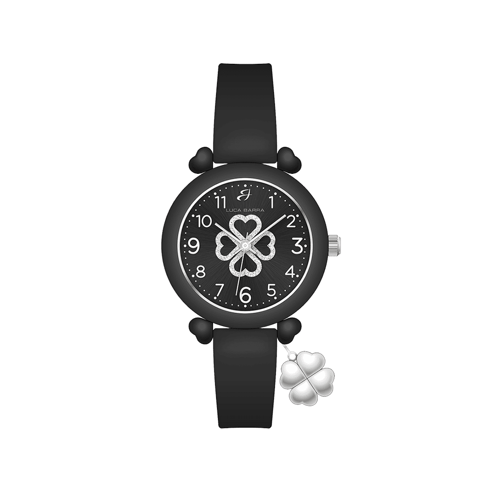 OROLOGIO DONNA IN SILICONE NERO E QUADRIFOGLIO