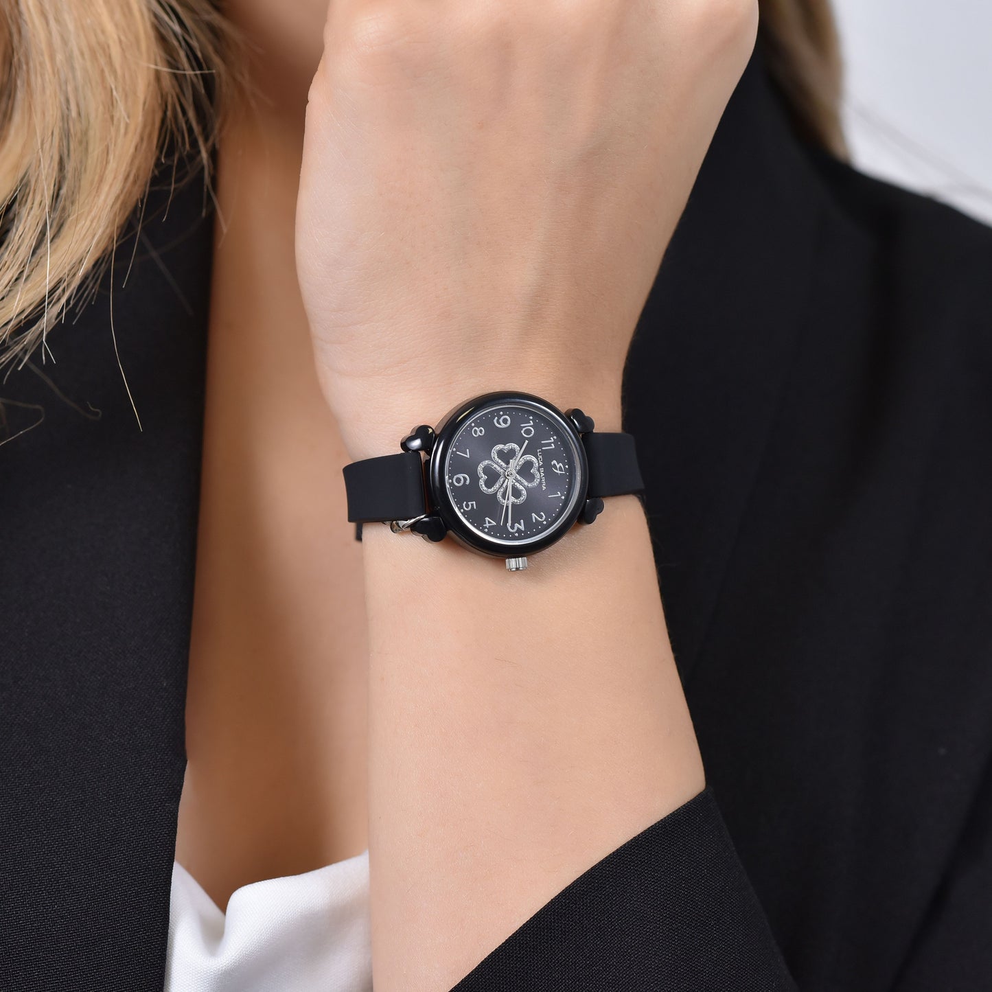 OROLOGIO DONNA IN SILICONE NERO E QUADRIFOGLIO