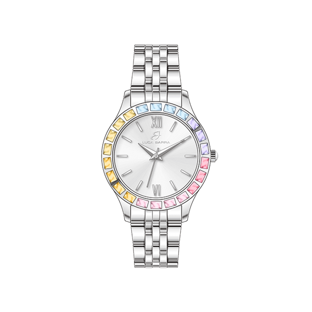 OROLOGIO DONNA IN ACCIAIO GHIERA CRISTALLI MULTICOLOR