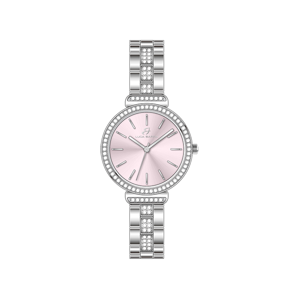 OROLOGIO DONNA IN ACCIAIO CRISTALLI GHIERA E QUADRANTE ROSA