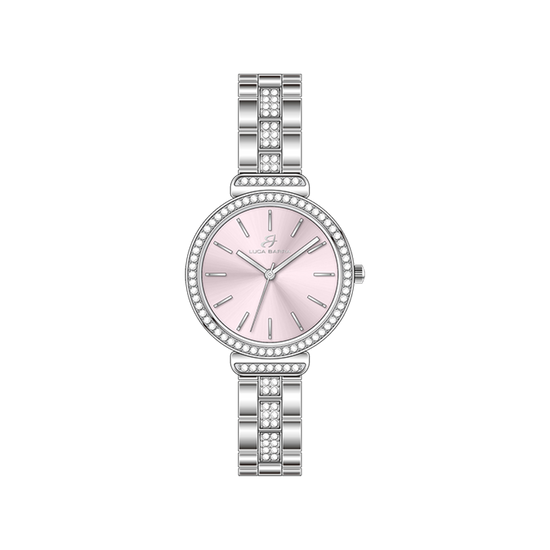 OROLOGIO DONNA IN ACCIAIO CRISTALLI GHIERA E QUADRANTE ROSA