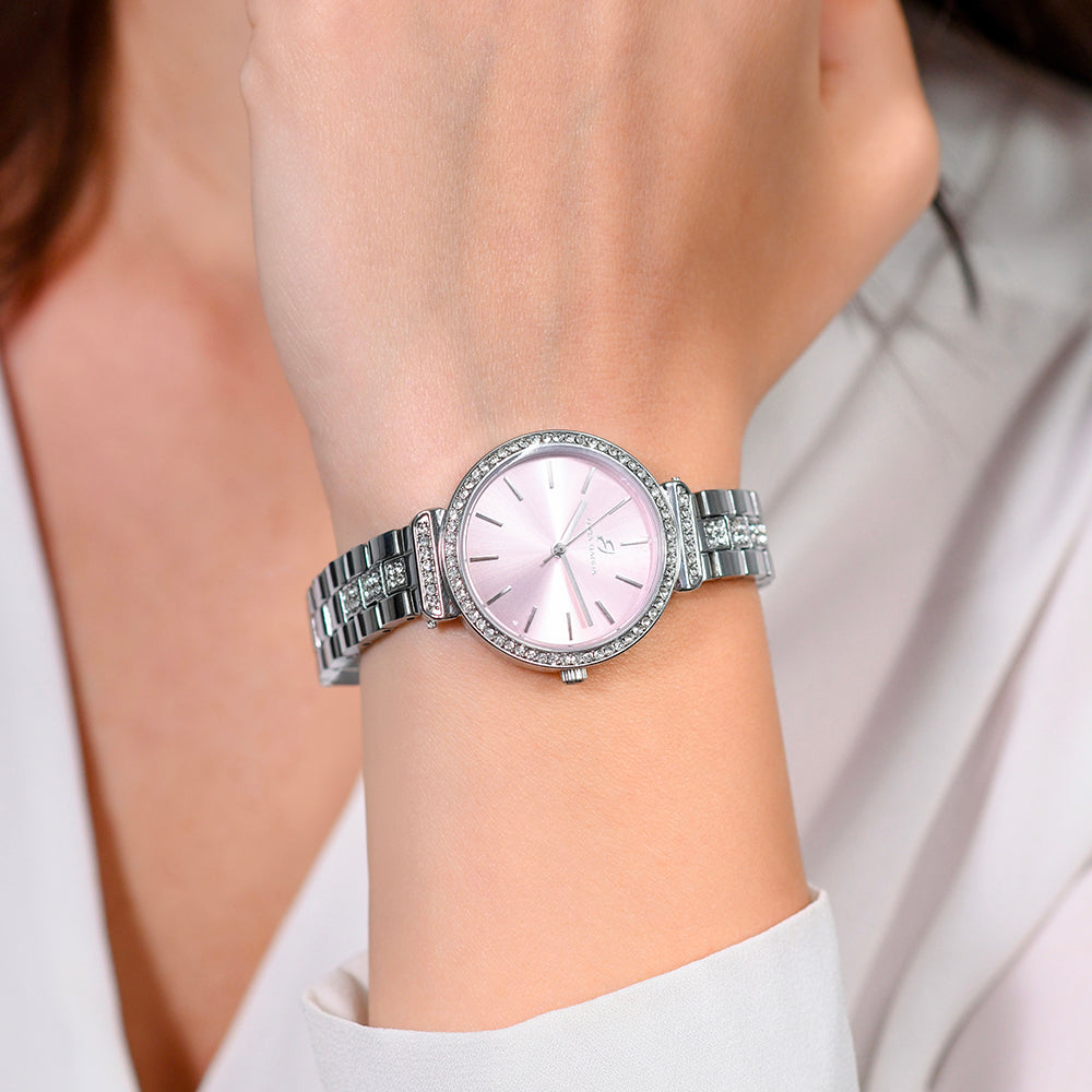 OROLOGIO DONNA IN ACCIAIO CRISTALLI GHIERA E QUADRANTE ROSA