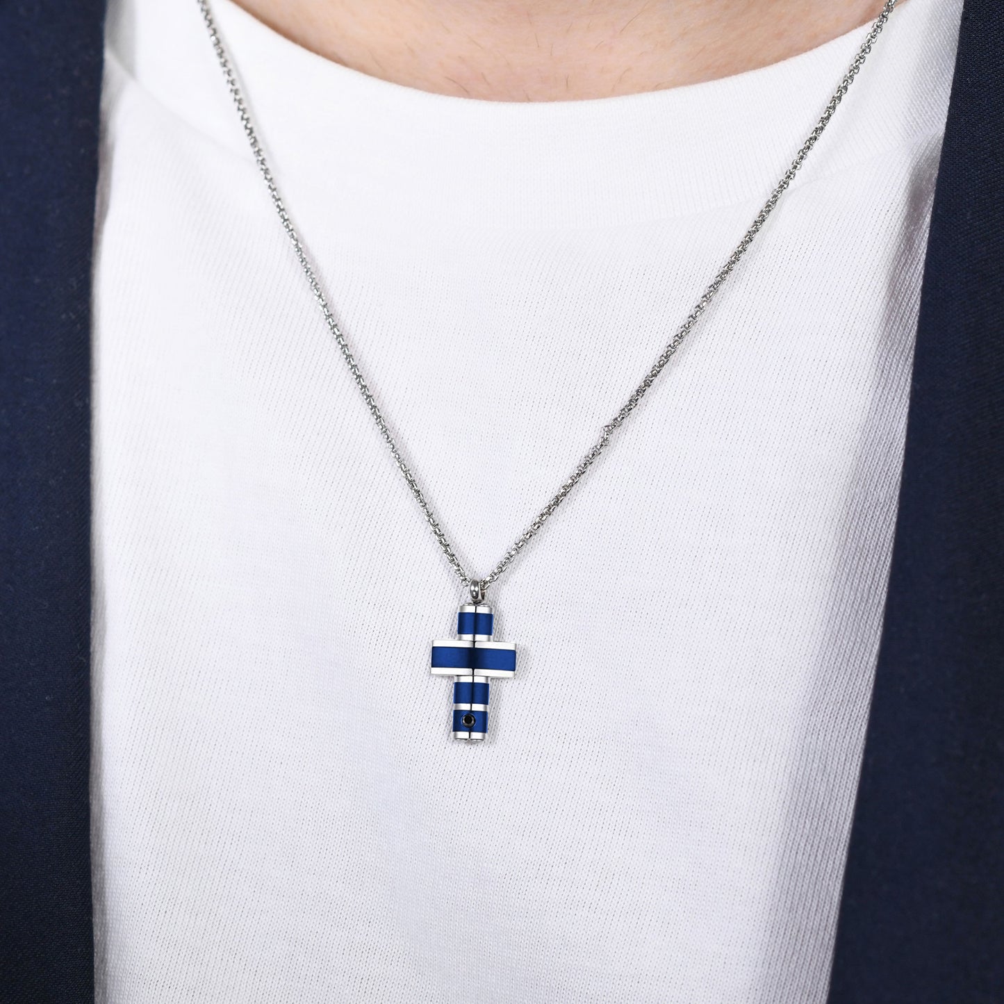 COLLANA UOMO IN ACCIAIO CROCE IP BLU