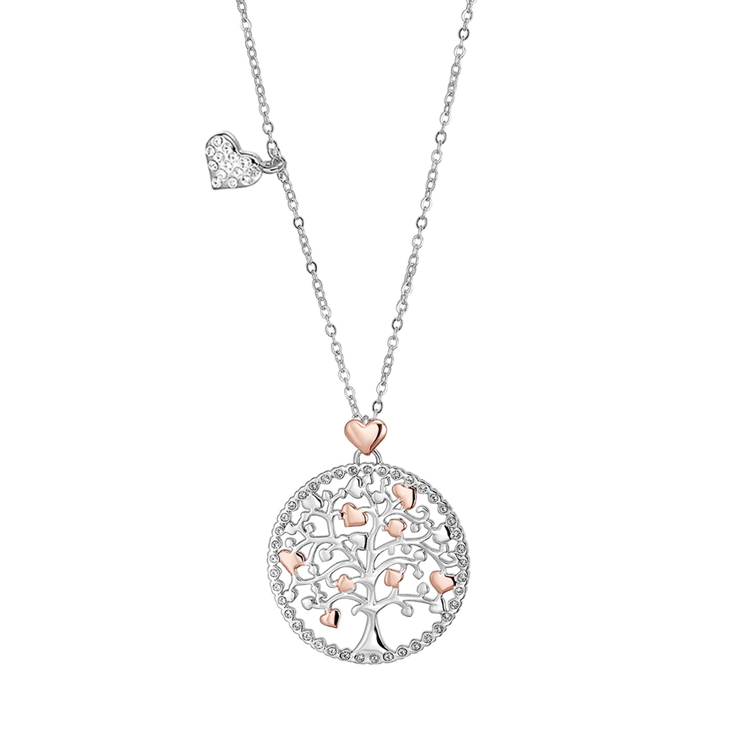 COLLANA DONNA IN ACCIAIO, ALBERO DELLA VITA CON CUORI ROSE'