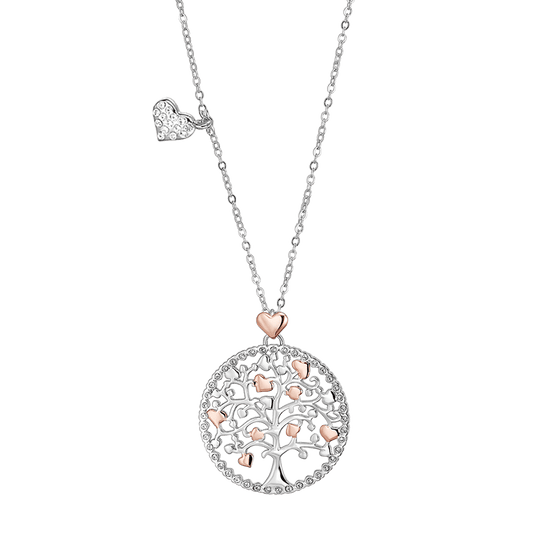 COLLANA DONNA IN ACCIAIO, ALBERO DELLA VITA CON CUORI ROSE' Luca Barra