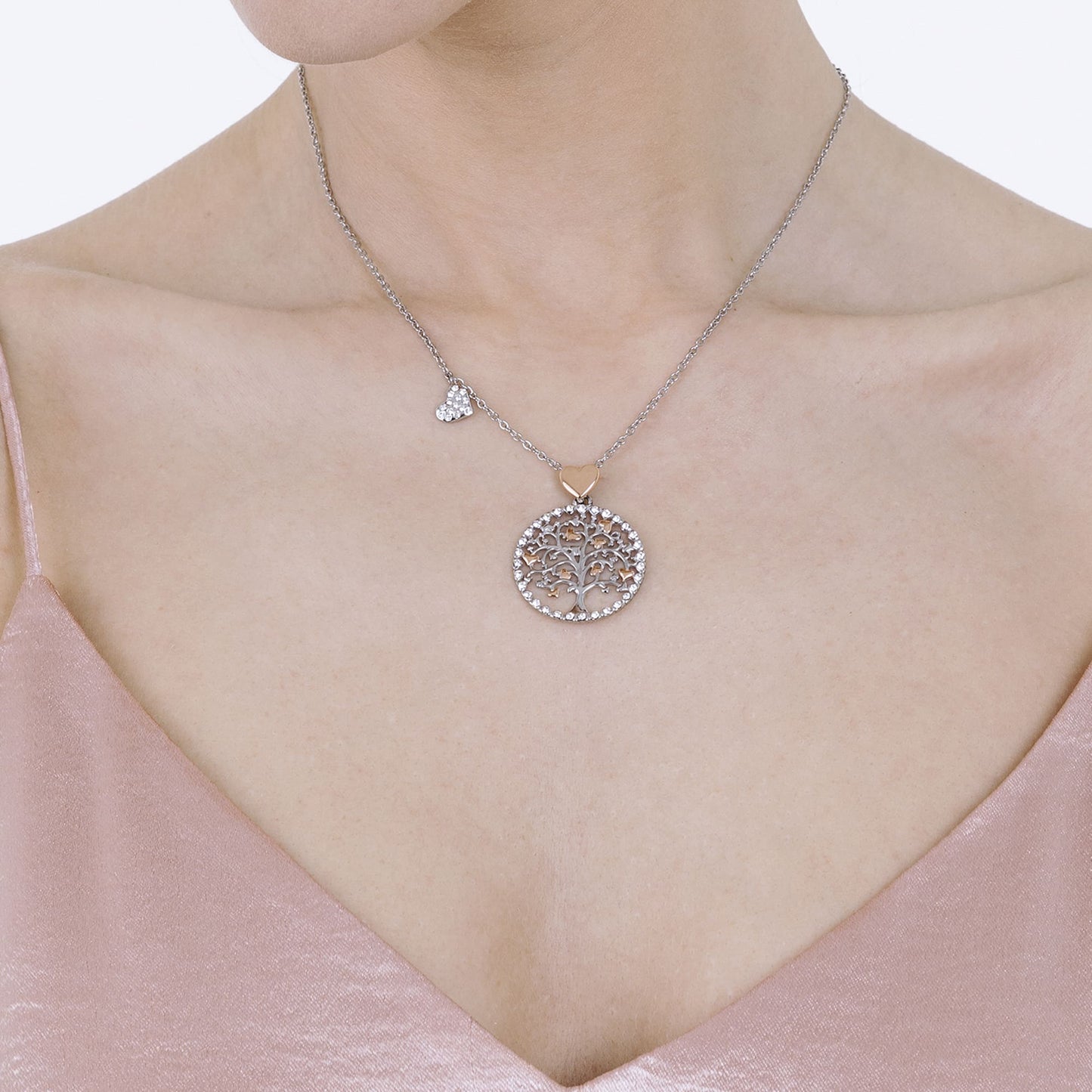 COLLANA DONNA IN ACCIAIO, ALBERO DELLA VITA CON CUORI ROSE' Luca Barra