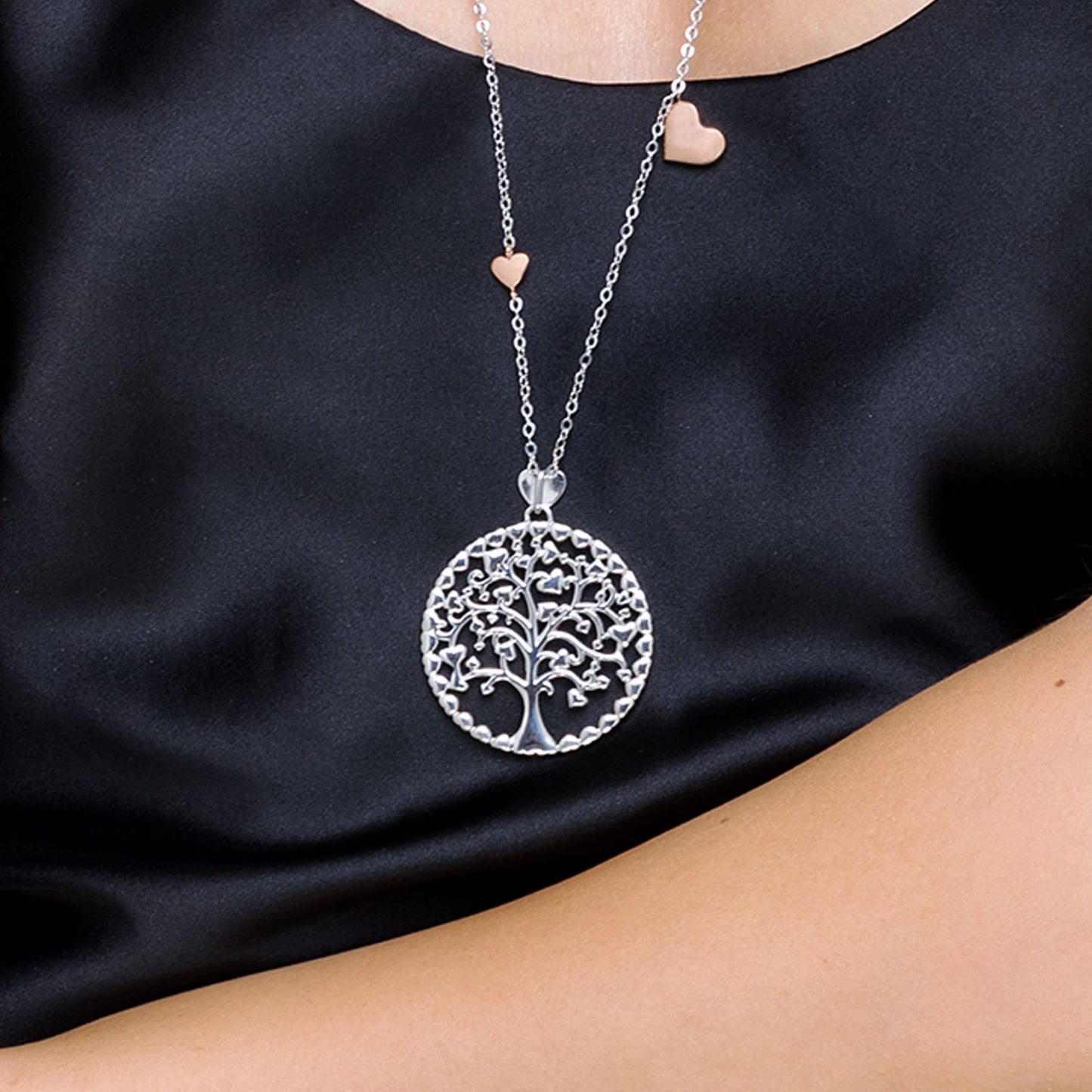 COLLANA DONNA LUNGA IN ACCIAIO ALBERO DELLA VITA CON ELEMENTI IN ROSE'